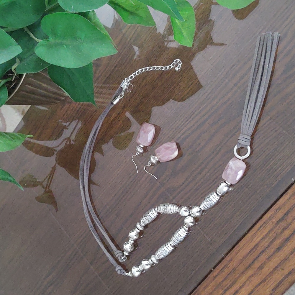 Christopher & Banks Lavender Stone, Etched Silver Bead Necklace, Earrings Set